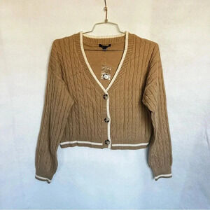 Cardigan Sweater Cable Knit Oversized Boxy Cropped Khaki Brown Long Sleeve Cozy